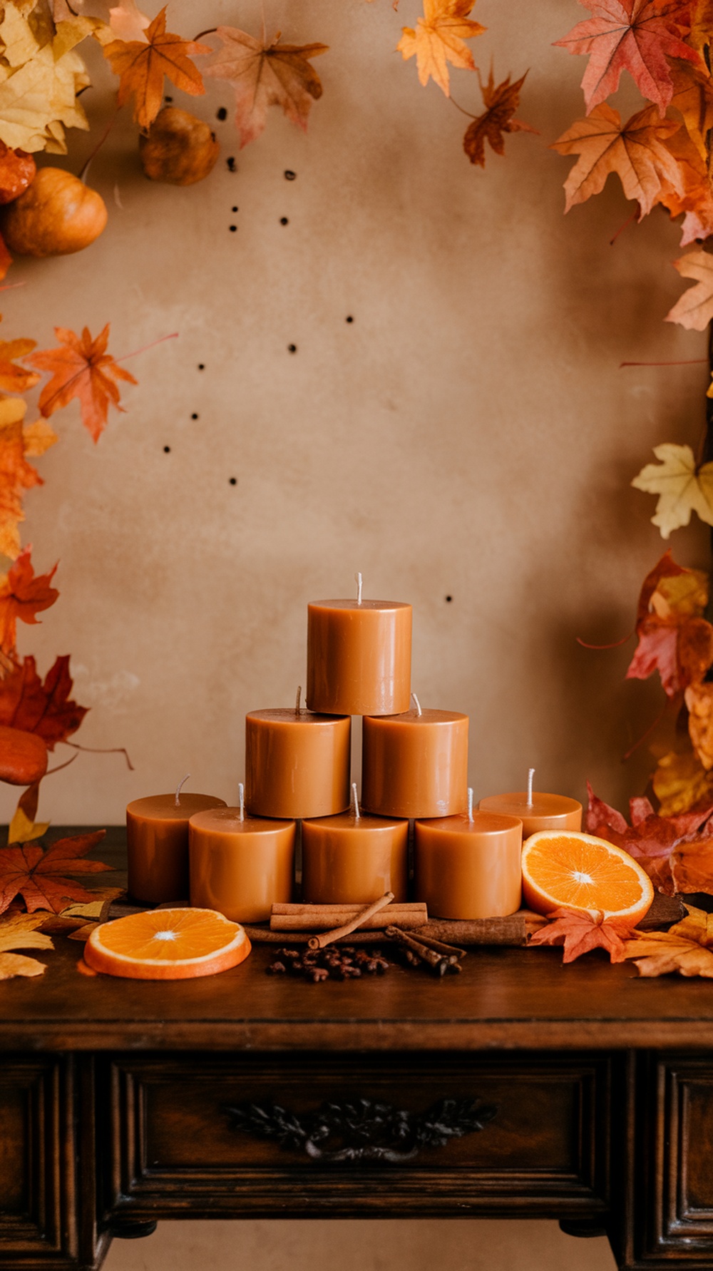 An arrangement of pumpkin spice candles surrounded by autumn leaves and decorative elements.