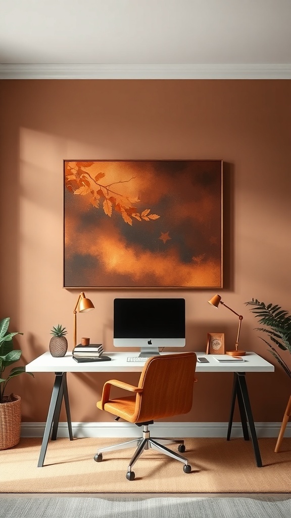 A home office featuring muted brown wall art above a white desk with an orange chair and modern decor.
