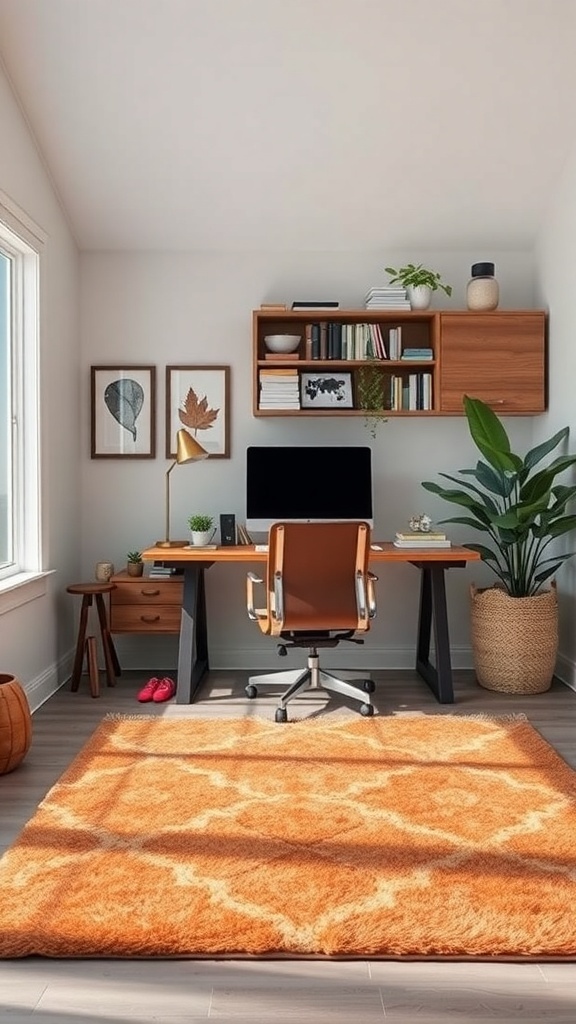 A cozy home office featuring a cinnamon brown area rug, modern desk, and warm autumn decor.