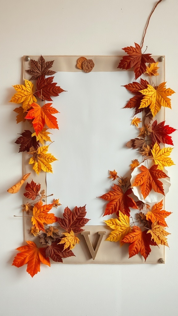 A decorative frame with colorful autumn leaves around a blank space.