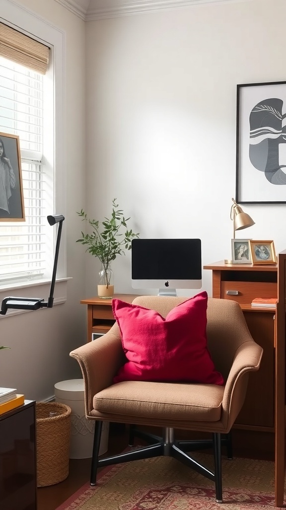 A cozy home office featuring cranberry red throw pillows on a beige chair, complemented by warm autumn colors.