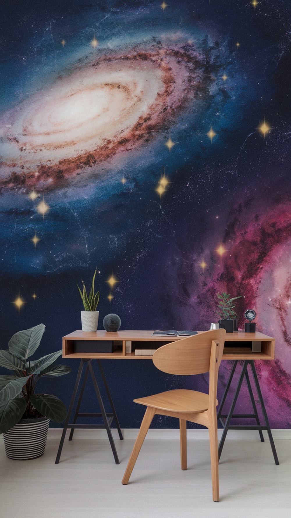 A cosmic galaxy wallpaper featuring deep blues and scattered stars.