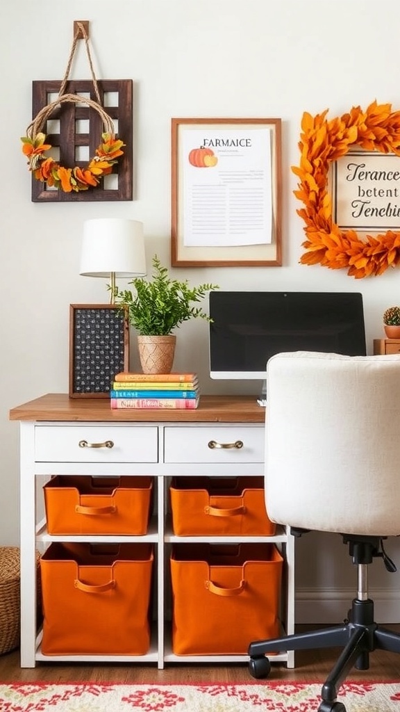 A cozy home office setup featuring terracotta storage bins, plants, and autumn decorations.