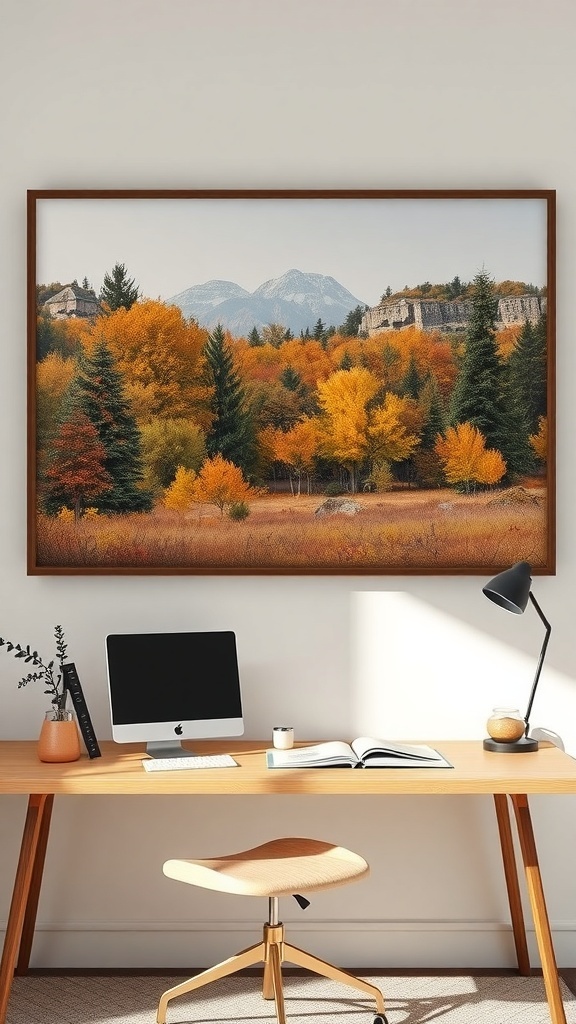 A cozy home office with a nature-inspired landscape painting featuring autumn colors.