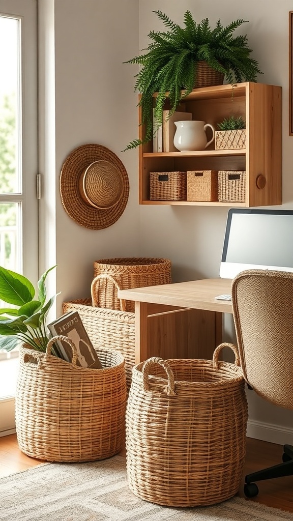 A cozy home office featuring woven baskets for storage, plants, and a warm aesthetic.