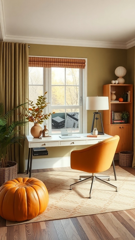 A cozy home office featuring olive green curtains, an orange chair, and a pumpkin-shaped pouf, showcasing a warm autumn color palette.