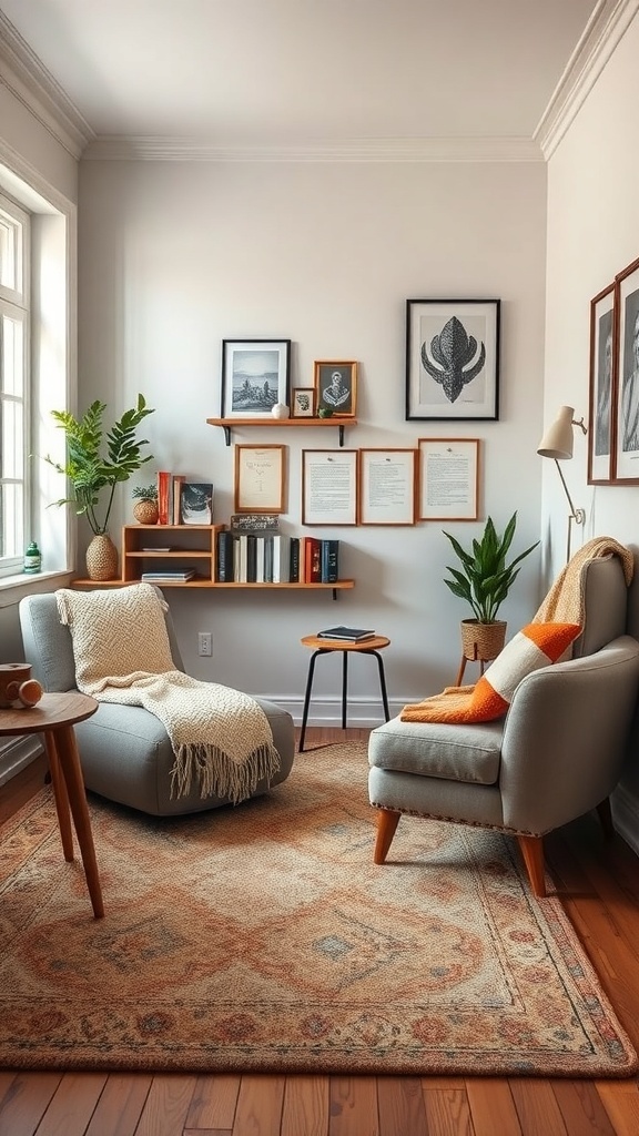 Cozy home office corner with soft seating, warm throw, and plants