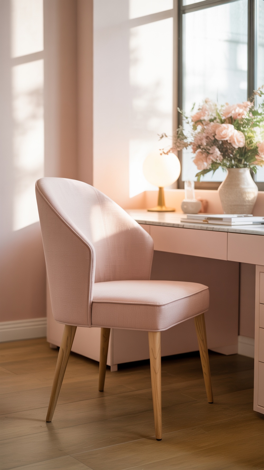 A stylish home office setup featuring a pink chair, a minimalist desk, and a vase of flowers.