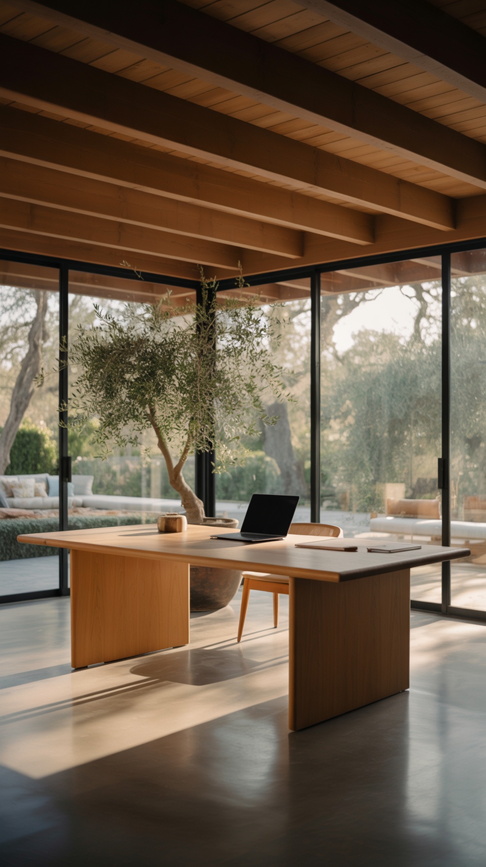 A bright and airy home office with a minimalist wooden desk, a laptop, and an olive tree, surrounded by large glass windows.