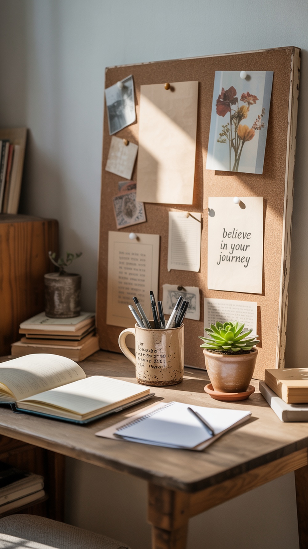 A cozy home office setup featuring a corkboard with notes and photos, a wooden desk, and a plant.