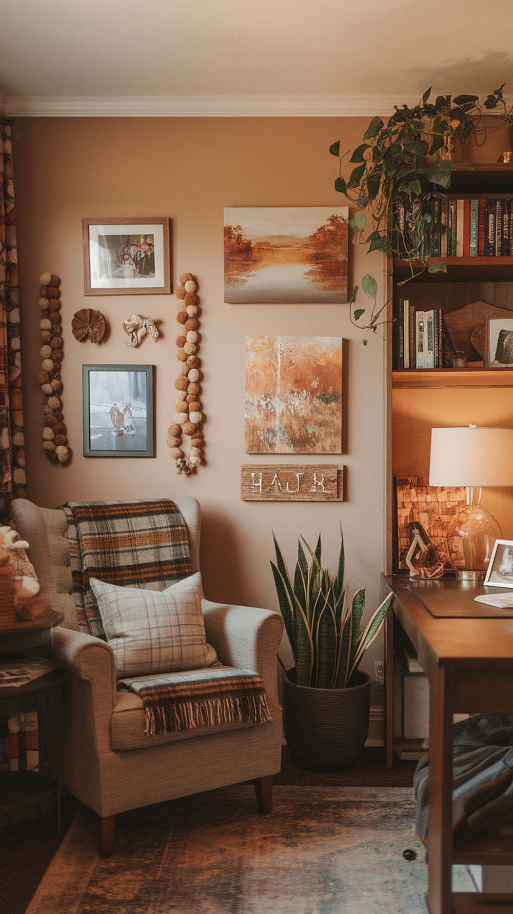 A cozy home office decorated with autumn-themed art, pumpkins, and plants.