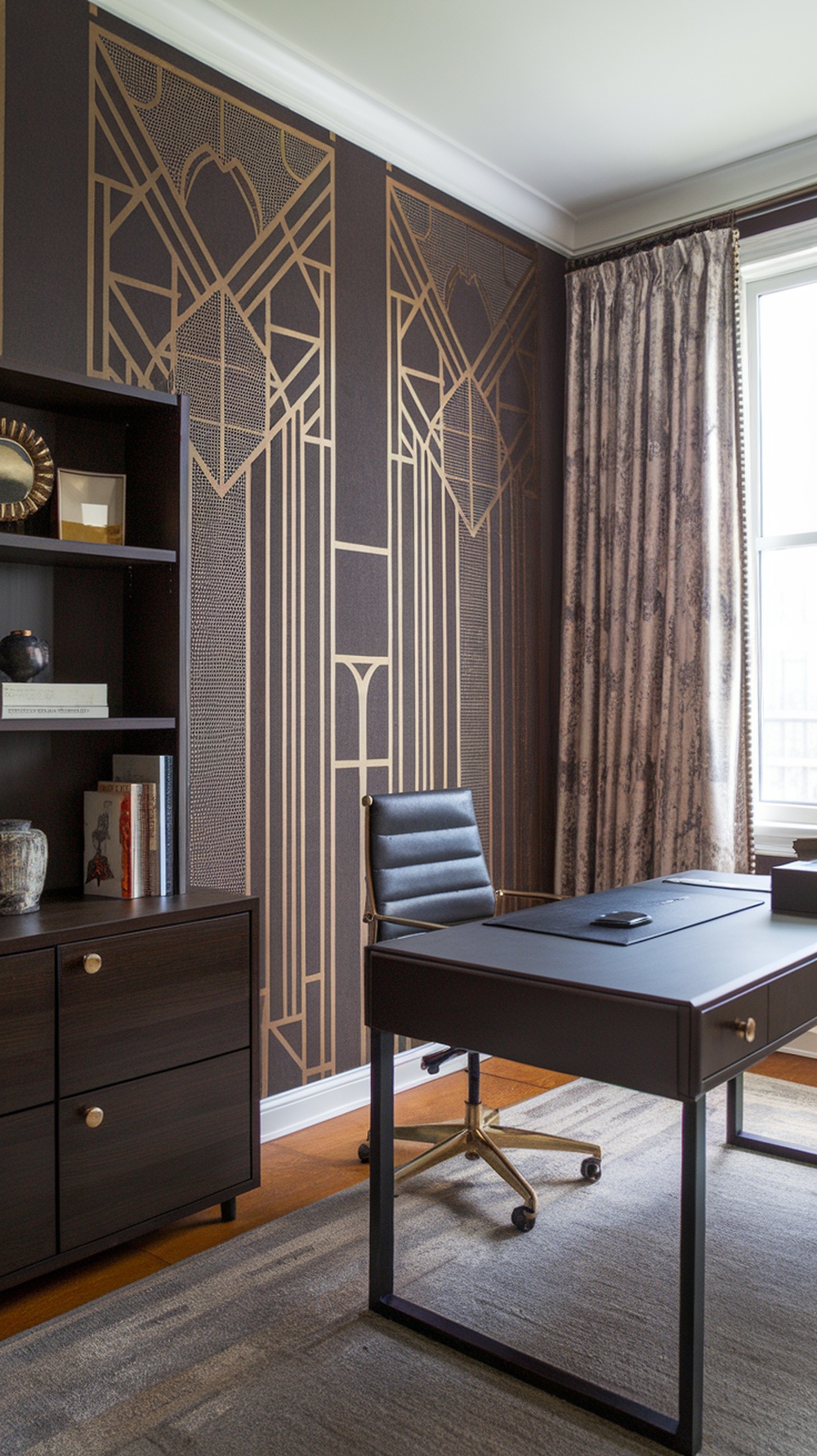 Art Deco wallpaper in a home office with geometric patterns in gold on a dark background.