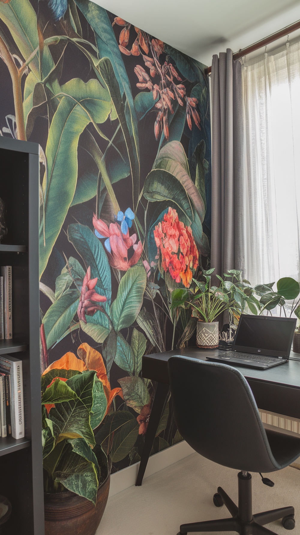 A home office with botanical wallpaper featuring colorful flowers and lush green leaves, complemented by a desk and plants.
