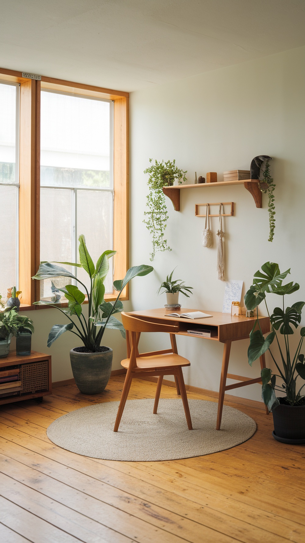 A small zen workspace featuring a wooden desk, plants, and natural light.