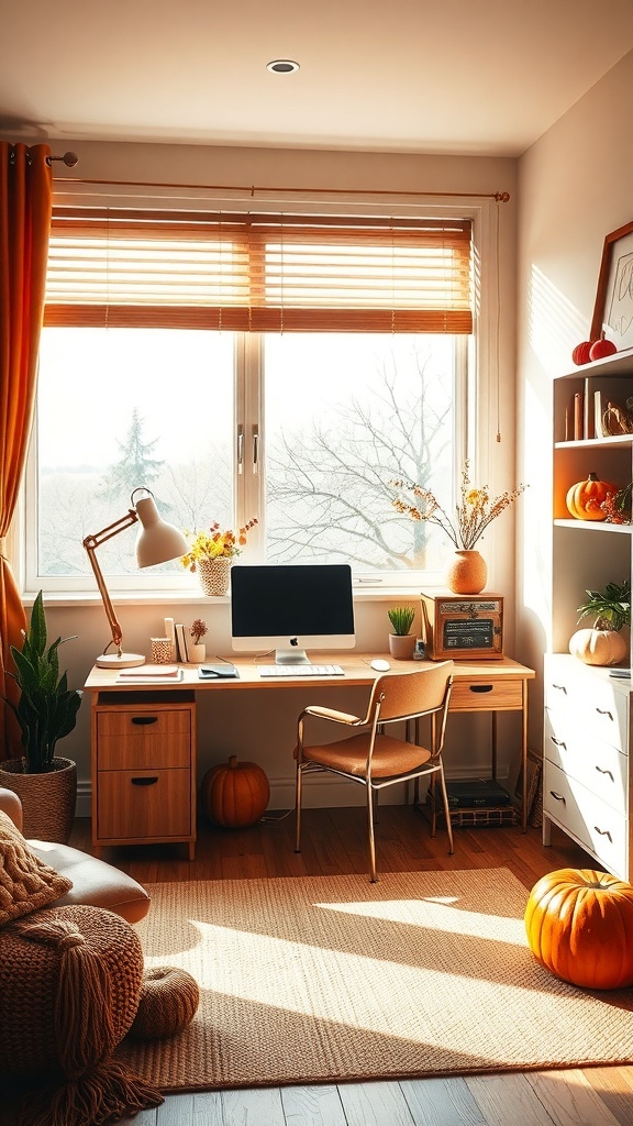 A cozy home office with warm autumn colors, pumpkins, and natural light.