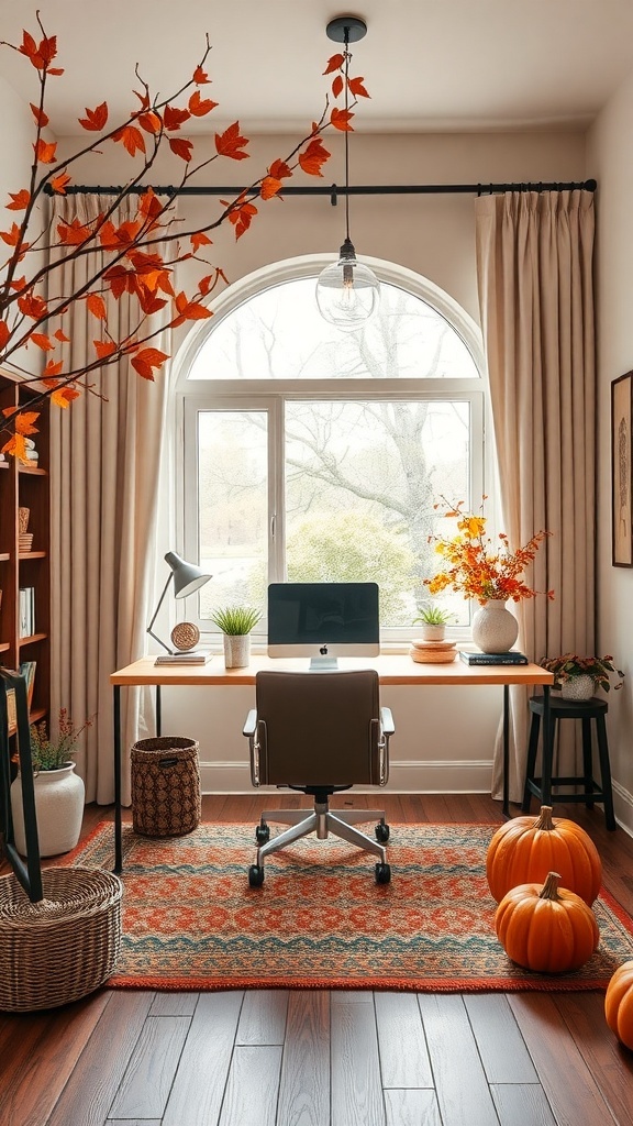 A cozy home office with warm neutral tones, featuring a wooden desk, pumpkins, and autumn leaves.