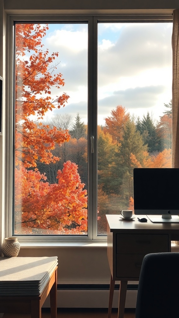 A cozy home office with a large window showcasing vibrant autumn trees in shades of orange and red.