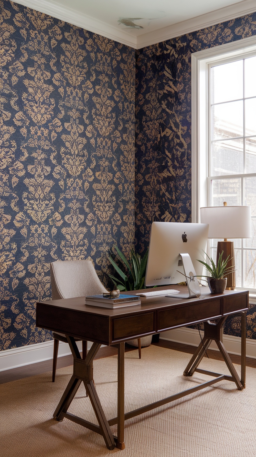 Home office with dark damask wallpaper, modern desk, and plants