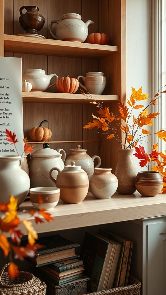 A collection of handmade pottery on a wooden shelf, decorated with autumn leaves and small pumpkins.