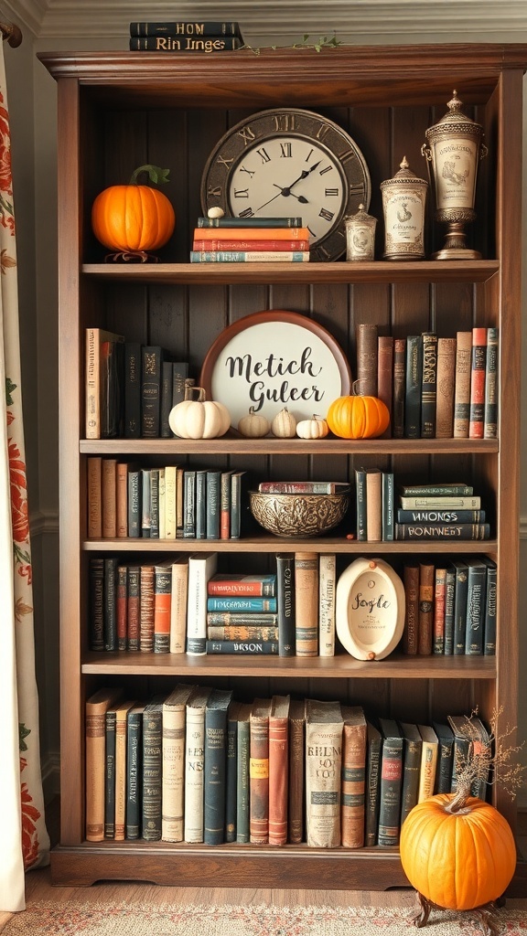 A vintage bookshelf styled with books, decorative items, and autumn accents.