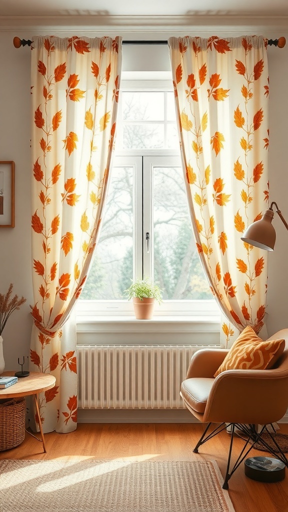 Autumn-inspired curtains with colorful leaves in a cozy home office setting