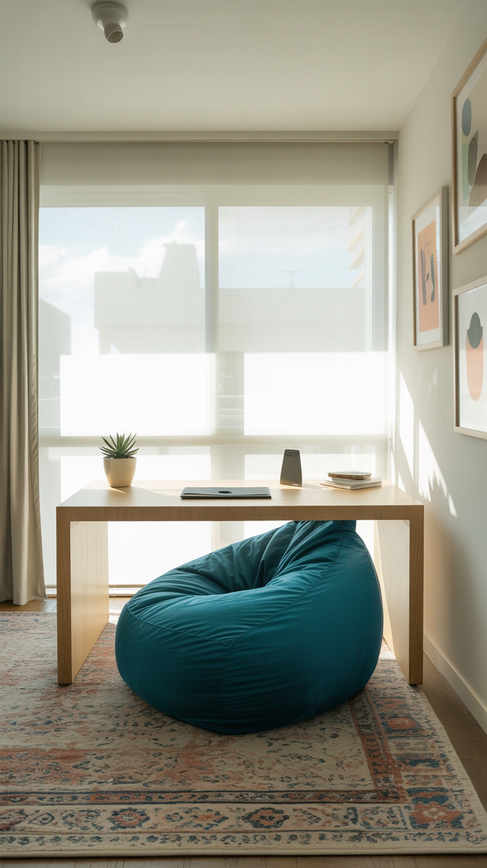 A minimalist home office setup featuring a simple desk, a blue bean bag chair, and natural light from a window.