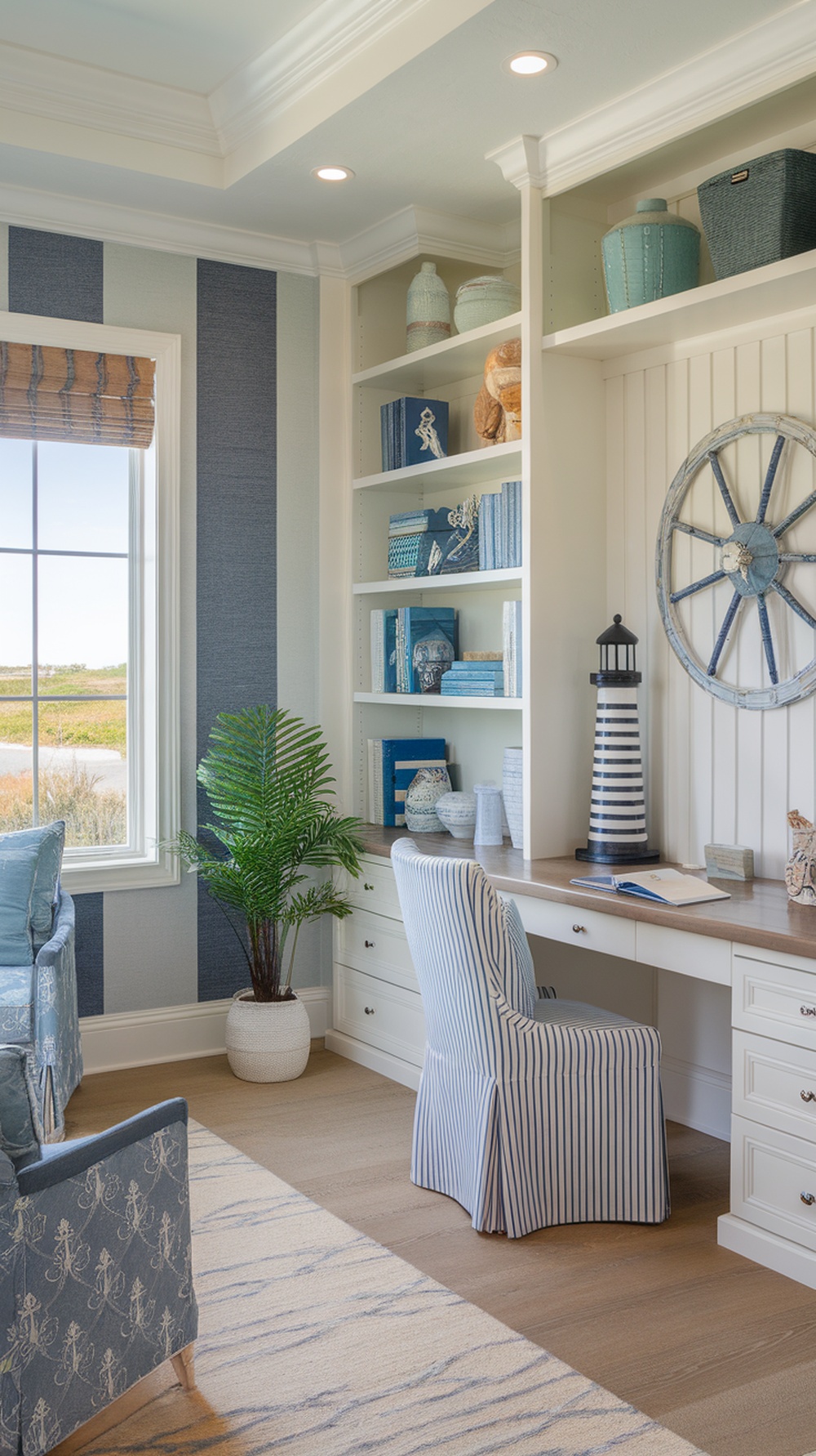 A small home office featuring coastal decor with blue tones, a striped chair, and nautical-themed items on shelves.
