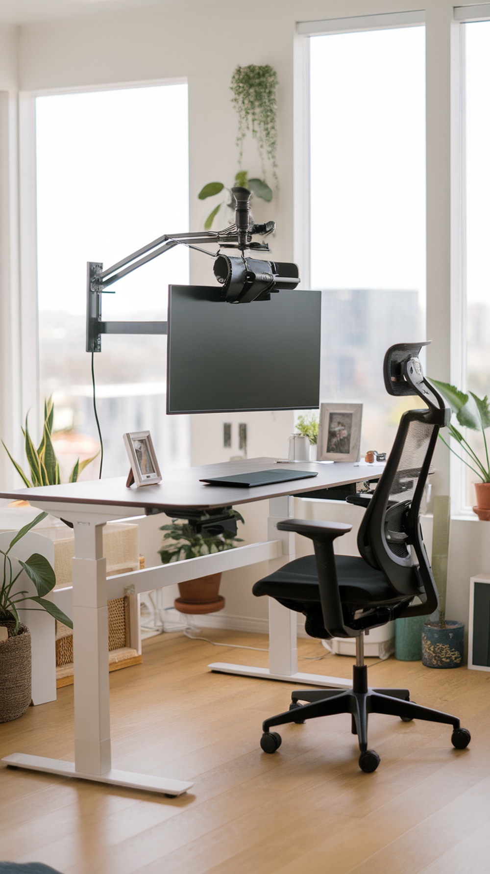 A modern home office with a desk, monitor, and plants.