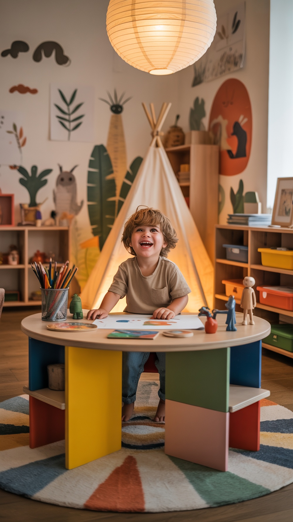 A colorful kids' study area featuring a round table, playful rug, and cheerful wall art.