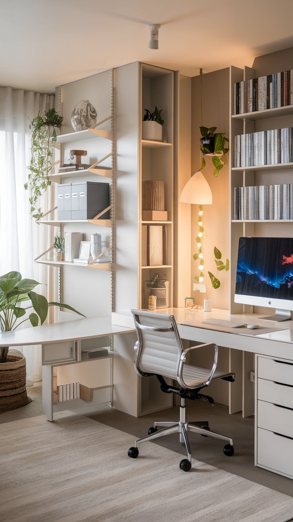 A modern home office featuring smart storage solutions, a sleek desk, and stylish decor.