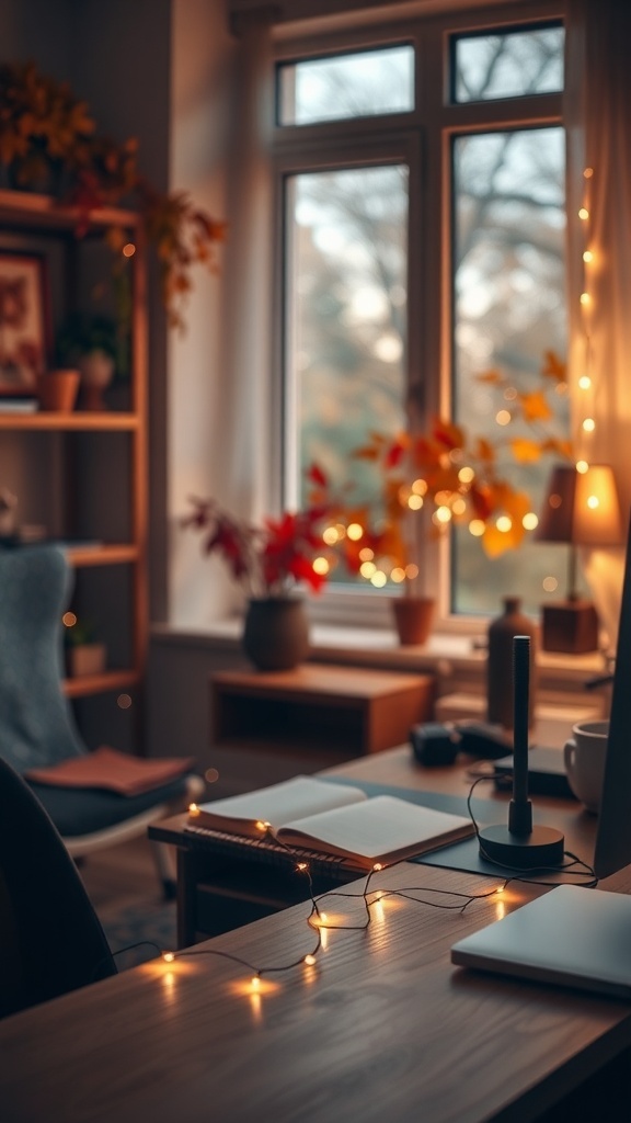 A cozy home office with fairy lights and autumn decor