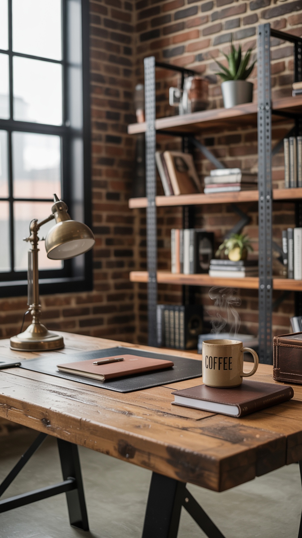 A modern desk lamp on a wooden desk with a small succulent, set against a brick wall.
