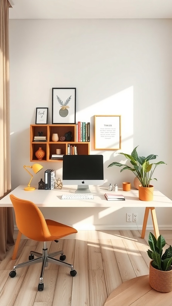 A cozy home office with amber and brown color blocks, featuring a wooden desk, amber chair, and green plants.