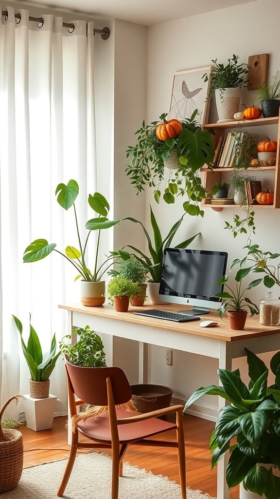 A cozy home office with various green plants, a wooden desk, and warm autumn decor.