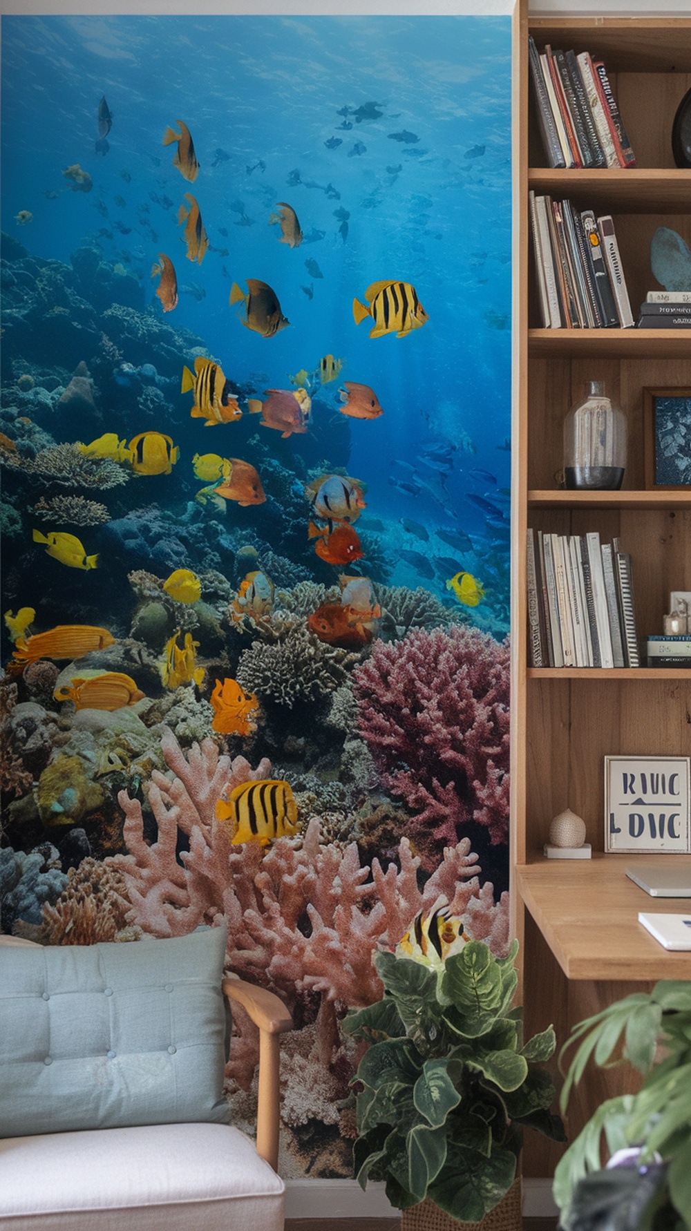 A vibrant underwater scene featuring colorful fish and coral.
