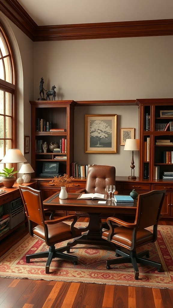 A cozy home office featuring rich mahogany furniture, including a desk and chairs, with warm autumn color palette accents.