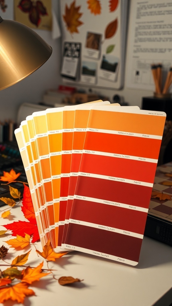 Color swatches in warm autumn shades with leaves scattered around