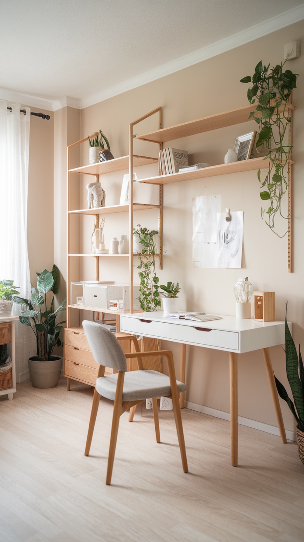 A bright and airy Scandinavian home office with a minimalist desk, open shelving, and plants.
