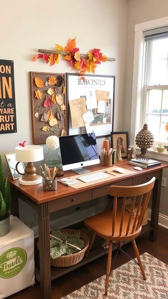 A cozy craft station with a pumpkin, colorful pens, and warm decor.