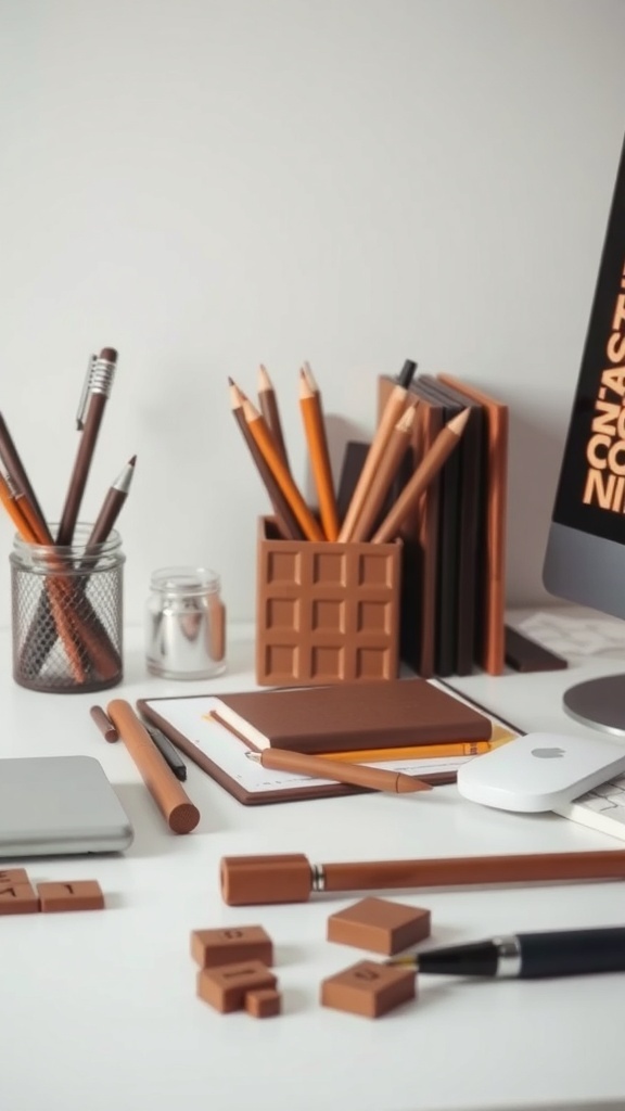An organized workspace featuring chocolate brown office supplies, including notebooks, pens, and pencils, set against a light background.