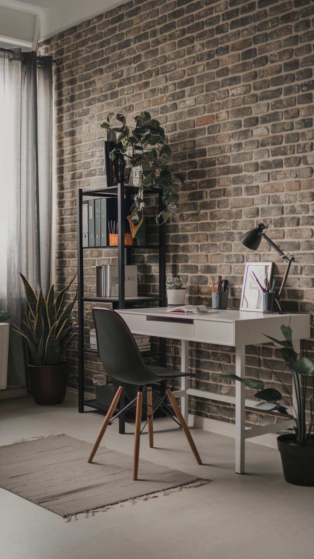 A stylish home office featuring industrial brick wallpaper, a white desk, and plants.