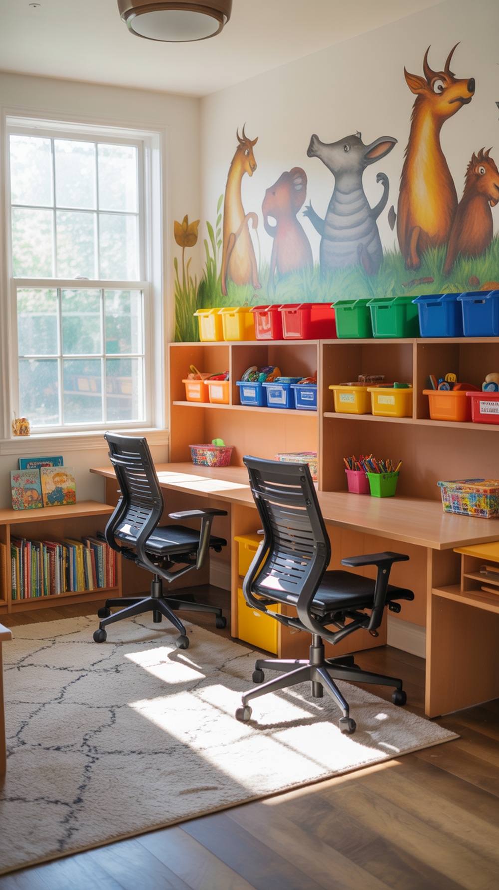 A bright family workspace with colorful animal mural, two desks, and organized storage bins.