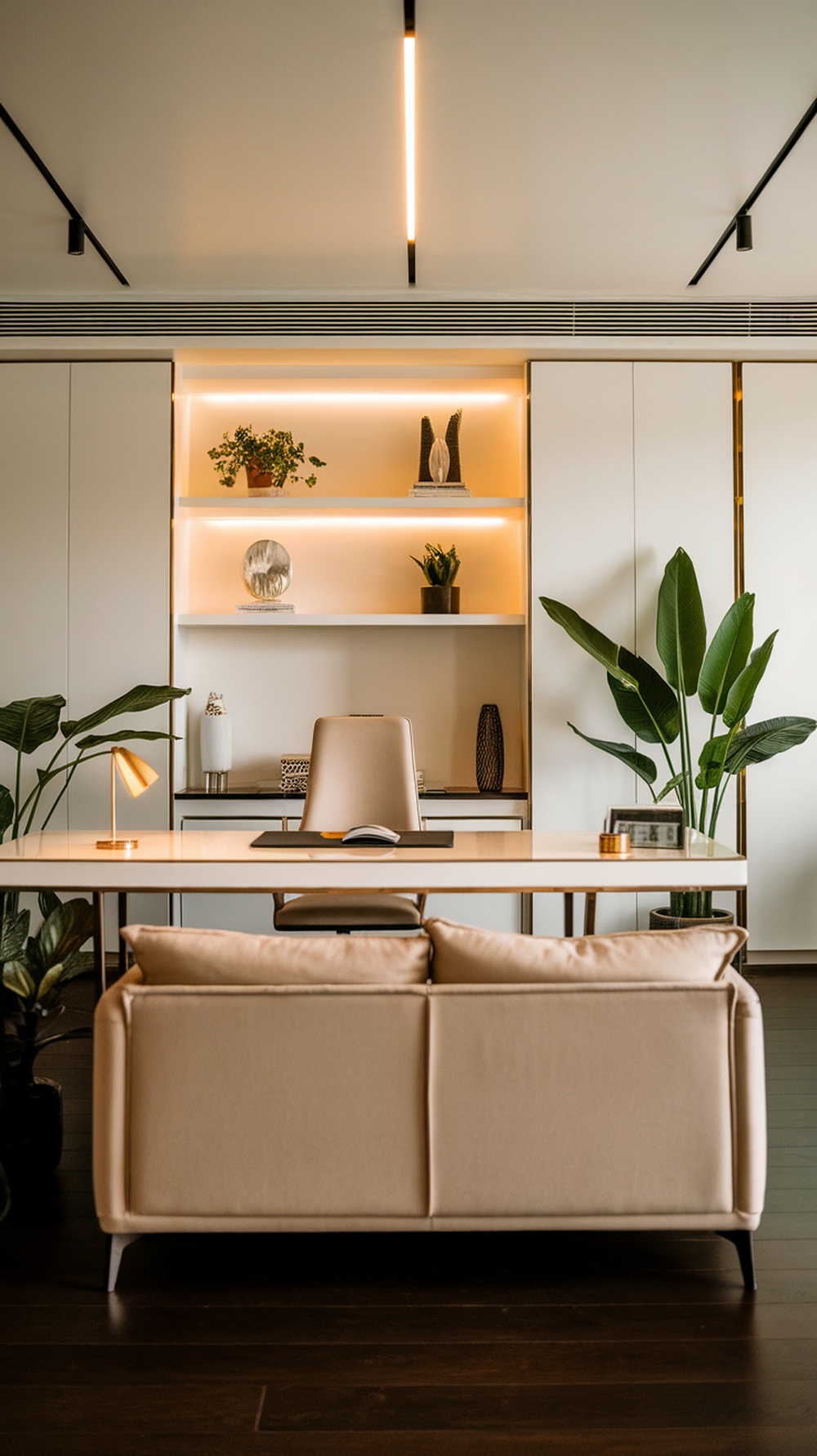 A modern home office with a sleek desk, stylish chair, and decorative shelves.
