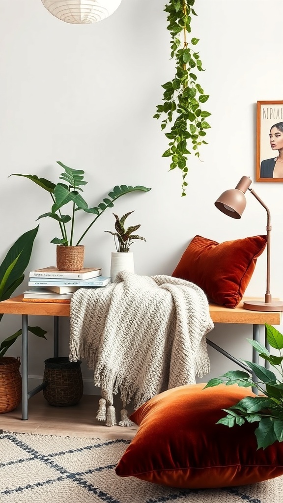 Cozy home office with warm autumn colors, featuring plants, a wooden desk, and layered textures.