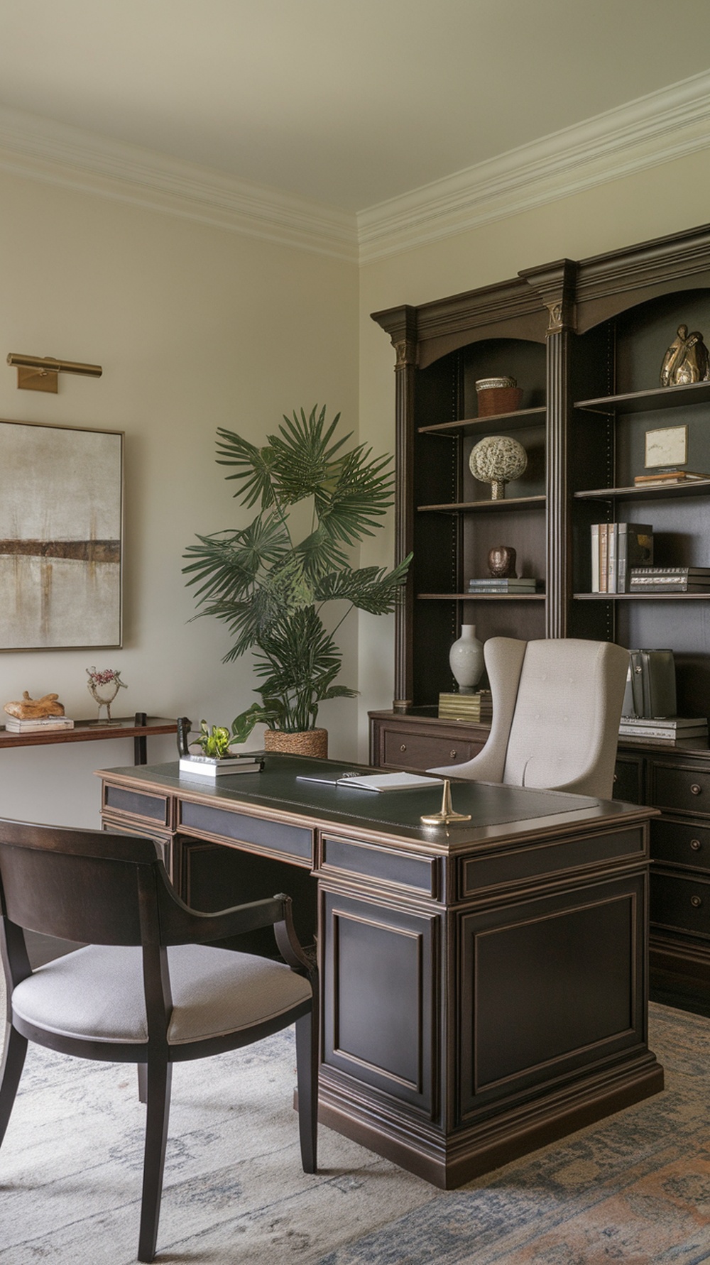 Sophisticated dark wood home office with a large desk, comfortable chair, and decorative shelves.