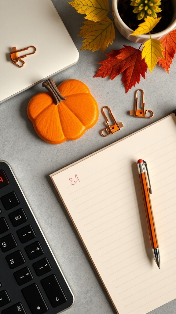 A cozy autumn-themed desk with a pumpkin, autumn leaves, a notepad, and orange accessories.