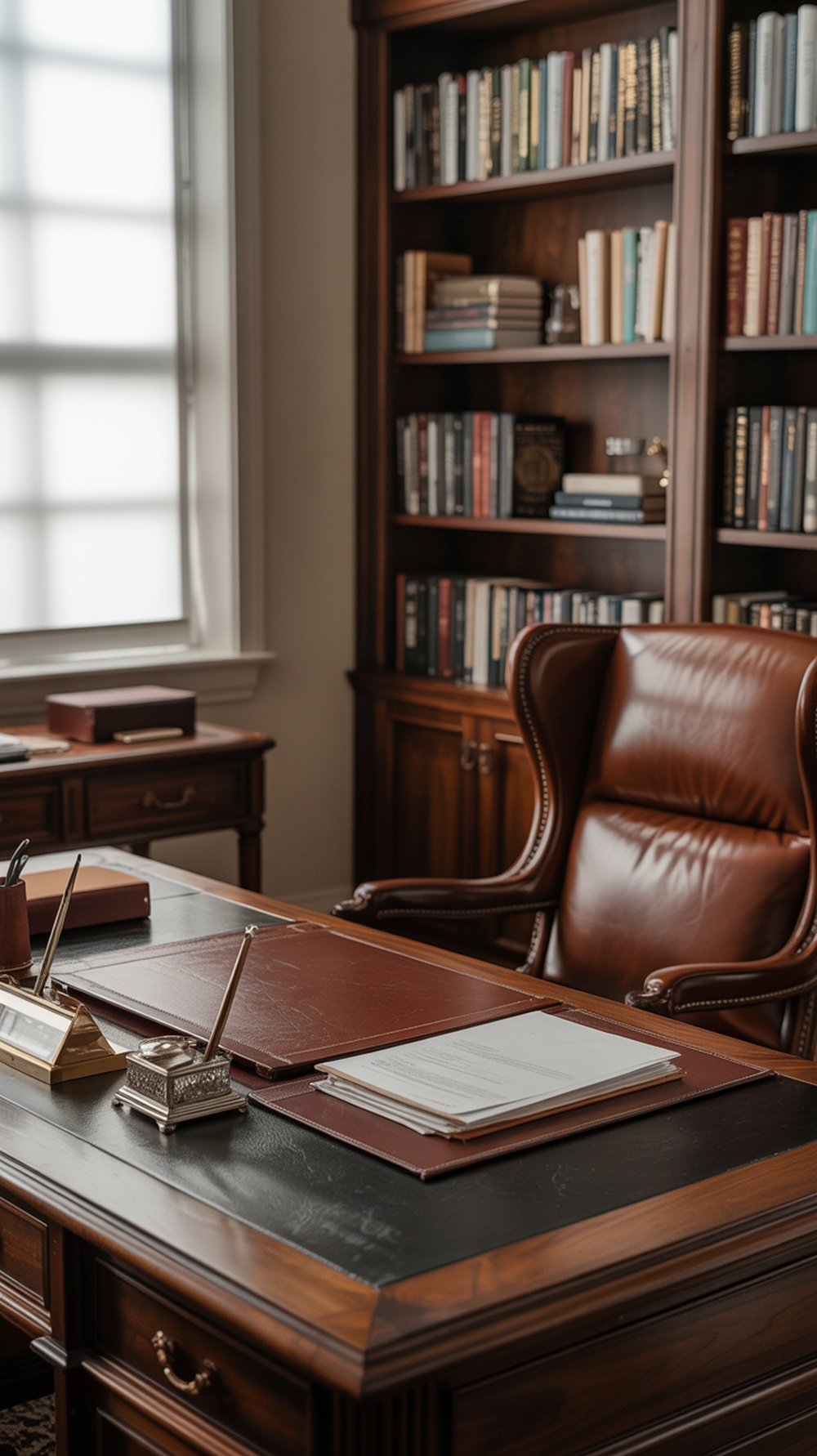A sophisticated executive office featuring a wooden desk, leather chair, and a bookshelf filled with books.