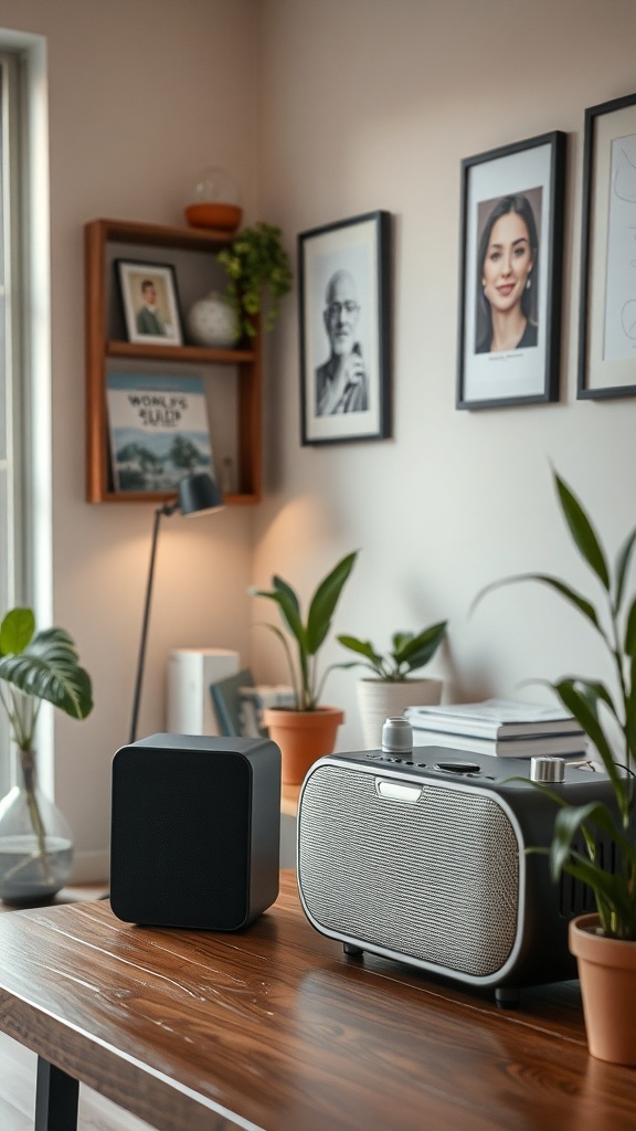 A cozy home office setup featuring speakers, plants, and framed pictures.