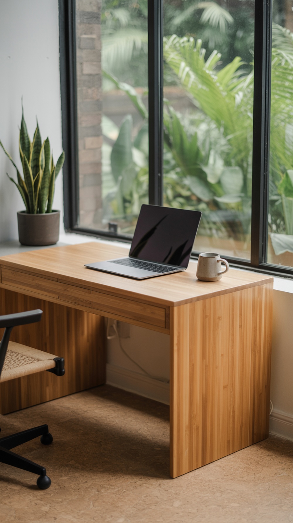 A minimal desk setup made of bamboo with a laptop and a plant, showcasing a sustainable home office.