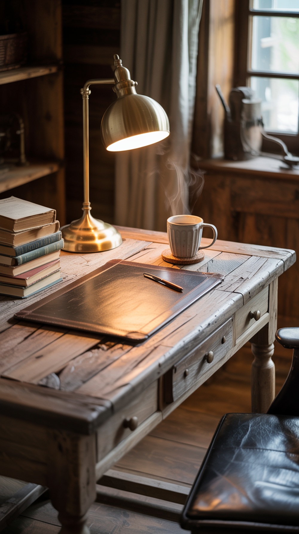 A rustic wooden desk with a brass lamp, a steaming cup of coffee, and stacked books, creating a cozy home office atmosphere.